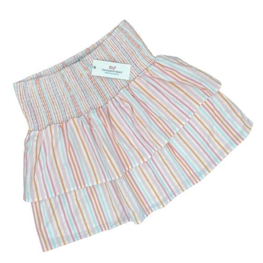 Vineyard Vines Performance Harbor Smocked Neon Rosa Stripe Skirt Size Small NWT